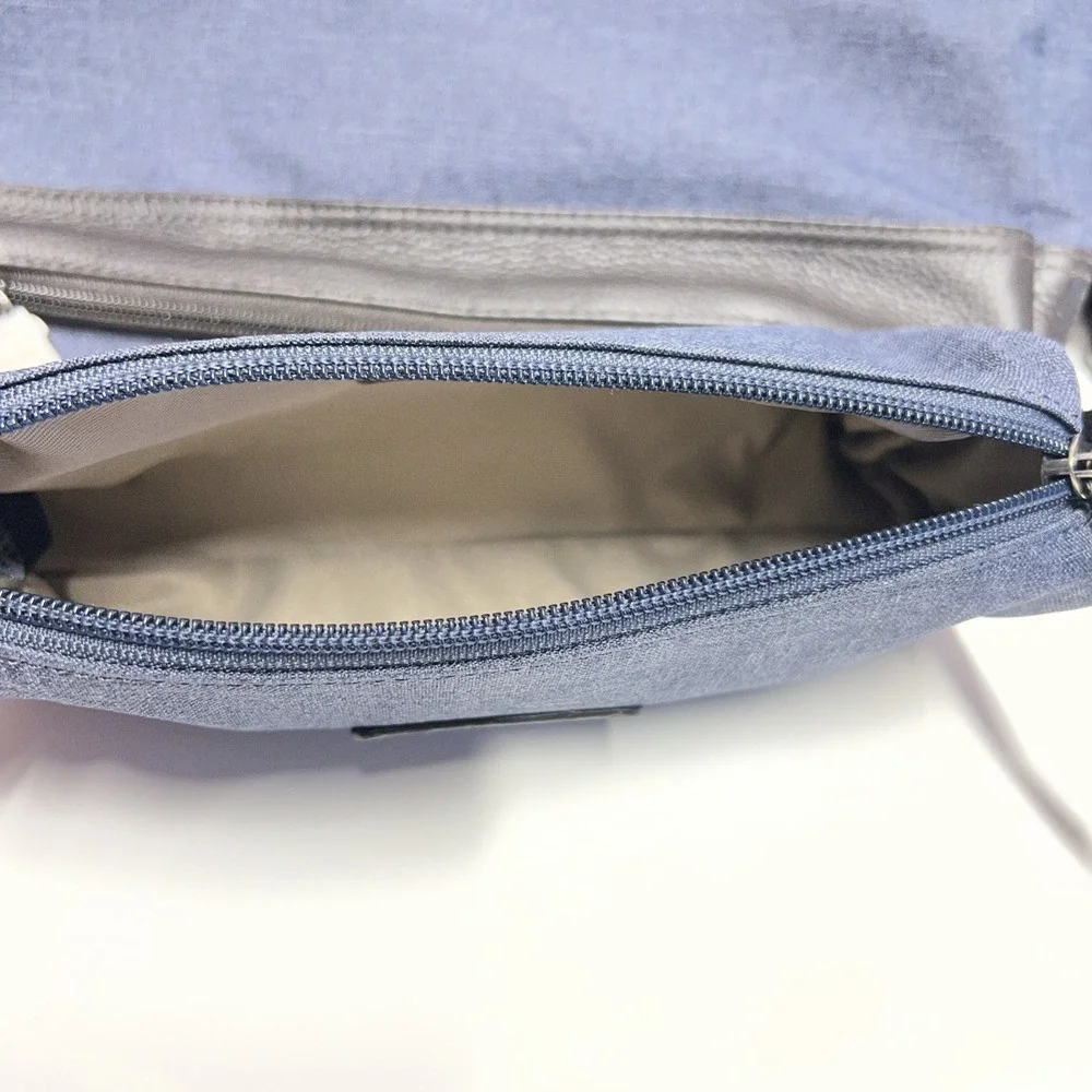 Levenger Staff Bag Messenger Crossbody Carry On Blue Jean Black Leather Accent
